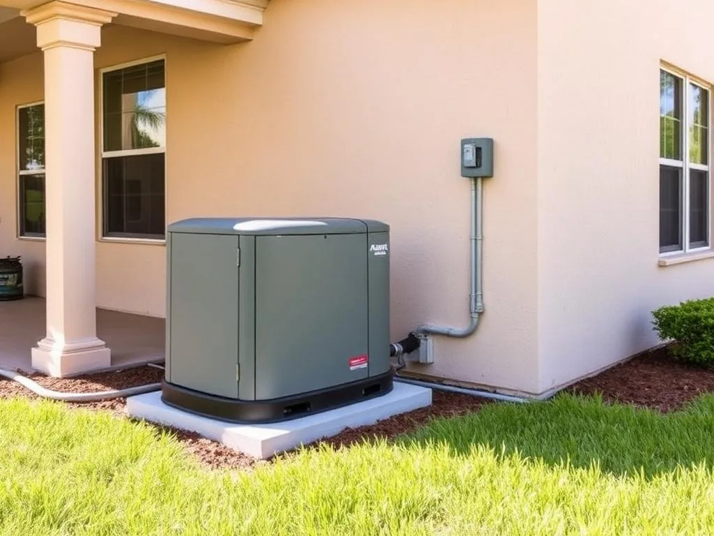 Newly installed whole-home standby generator on a concrete pad