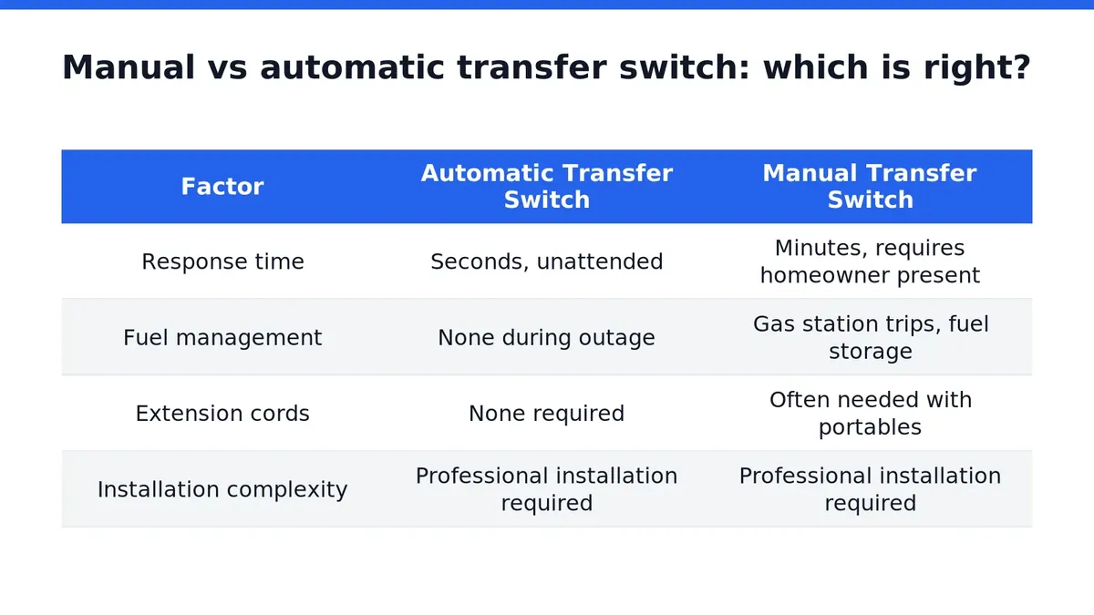 Side-by-side comparison of a manual transfer switch and an automatic transfer switch
